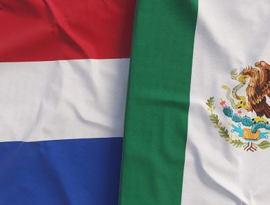Flags of the Netherlands and Mexico. Linen flags close-up. Flag made of canvas. Netherlands, Amsterdam. Mexican. 3d illustration.
